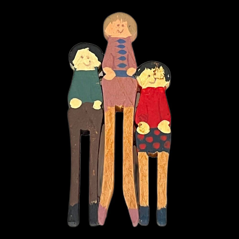 Vintage 1990s DB Handmade Family Brooch Painted Wood Folk Art - 4C